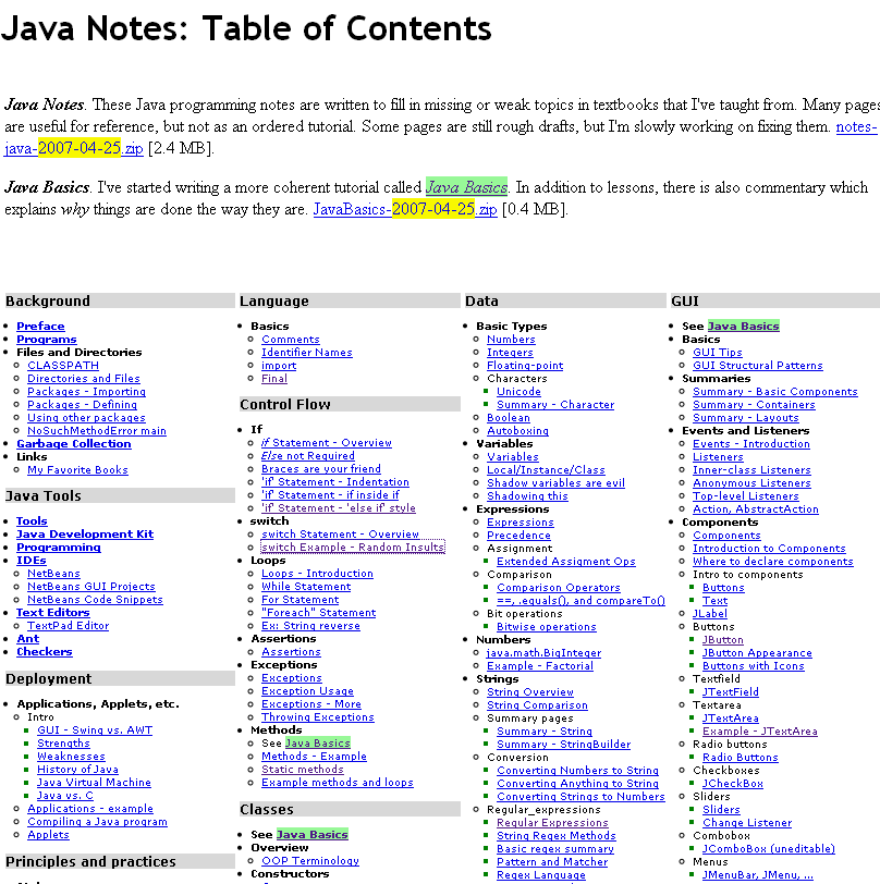 Screenshot from Java Notes